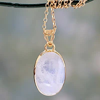 Gold vermeil rainbow moonstone pendant necklace, 'Misty Moonlight'