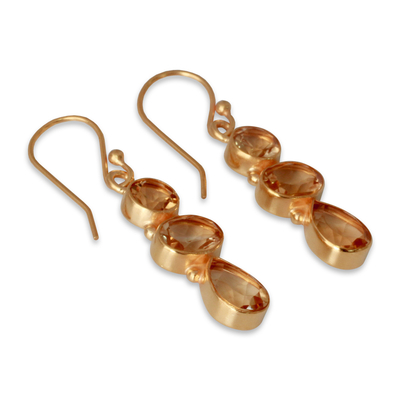 Gold plated citrine dangle earrings, 'Golden Dazzle' - 22k Gold Plated Dangle Earrings with Citrine Gems