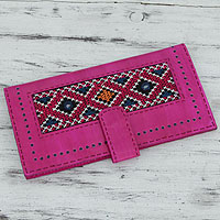 Embroidered leather wallet, 'Flamboyant Fuchsia' - Women's Long Embroidered Leather Wallet in Hot Pink