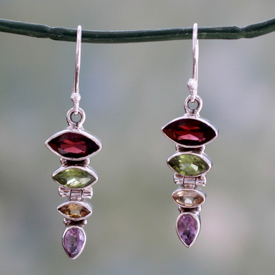 Multi-gemstone dangle earrings, 'Fantastic Quartet' - Gemstone Dangle Earrings with Garnet and Peridot