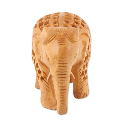 Wood statuette, 'Magnificent Elephant' - Hand Carved Small Kadam Wood Elephant Statuette