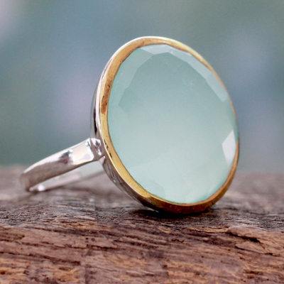 Gold accented chalcedony cocktail ring, 'Aquatic Allure' - Sterling Silver and 18k Gold Cocktail Ring with Chalcedony