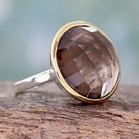 Gold accented smoky quartz cocktail ring, 'Dreamy Allure'