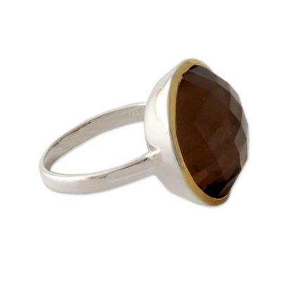 Gold accented smoky quartz cocktail ring, 'Dreamy Allure' - Smoky Quartz Cocktail Ring in Sterling with 18k Gold Accent