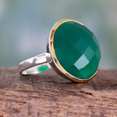 Gold accented green onyx cocktail ring, 'Verdant Allure' - Cocktail Ring with Green Onyx in Sterling Silver and Gold