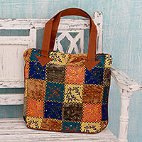 Cotton blend tote handbag, 'Fantasy Garden' - Colorful Applique Sequin Tote Bag with Machine Embroidery
