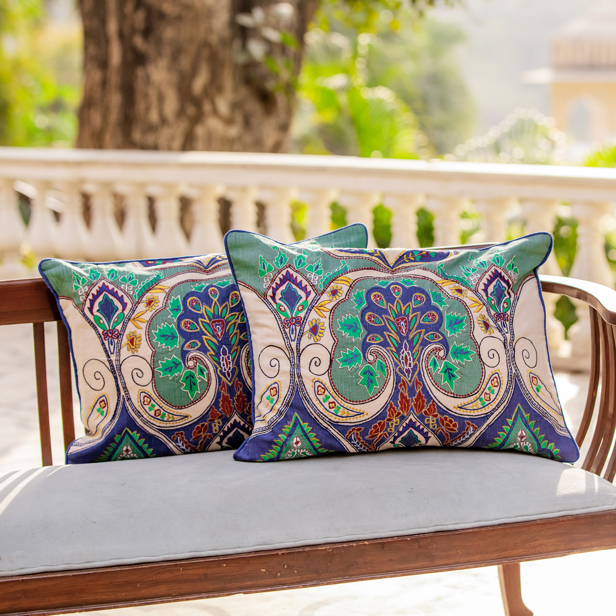 Multicolored Embroidered Cushion Covers from India (pair), 'Autumn in Delhi' Living Room Essentials