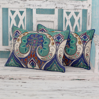 Embroidered cushion covers, 'Autumn in Delhi' (pair) - Multicolored Embroidered Cushion Covers from India (pair)