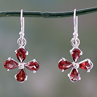 Garnet dangle earring, 'Scarlet Blossom' - Genuine Garnet Flower Earrings in 925 Sterling Silver