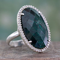 Green sapphire cocktail ring, 'Gorgeous Green' - Fair Trade Cocktail Ring with Dyed Green Sapphire and CZ