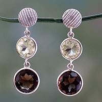 Smoky topaz and lemon quartz dangle earrings, 'Smoke and Fire' - Faceted Lemon Quartz and Smoky Quartz Earrings