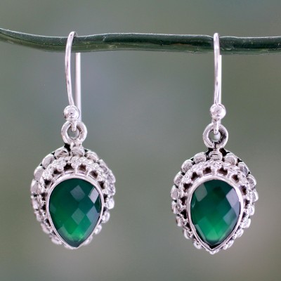 Green onyx dangle earrings, 'Evergreen Dreams' - Checkerboard Cut Green Onyx and Sterling Silver Earrings