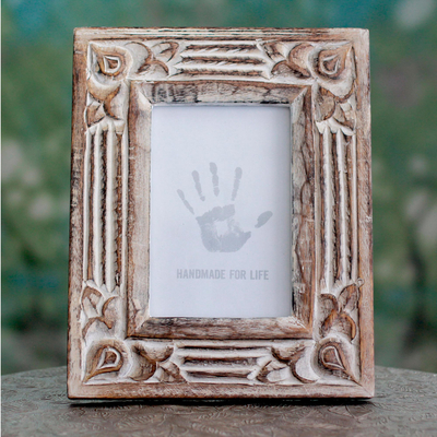 Indian Heritage Wooden Photo Frame 4x6 Mango Wood Carving Design with Grey Distress Finish 