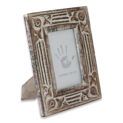 Wood photo frame, 'Moradabad Memories' (4x6) - Hand Carved Wooden Photo Frame with Antiqued Finish (4x6)