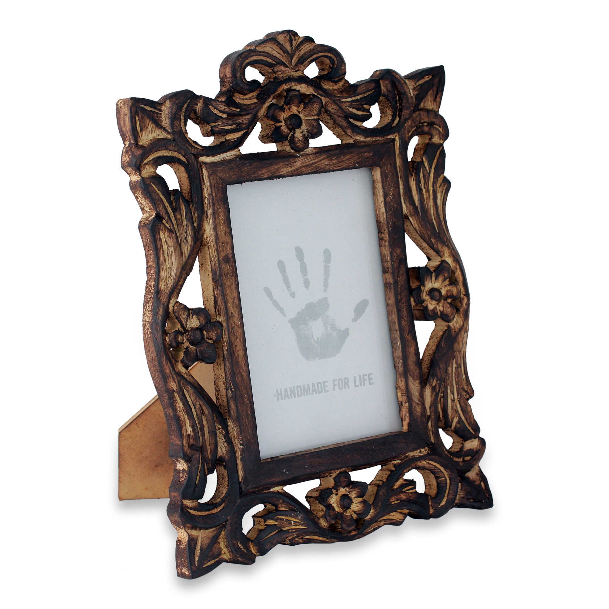 UNICEF Market Carved Wood Photo Frame with Floral Motifs from India (4x6) Mughal Grandeur