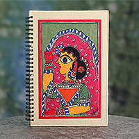 Madhubani journal, 'New Bride' - Signed Handpainted Madhubani Style Blank Journal