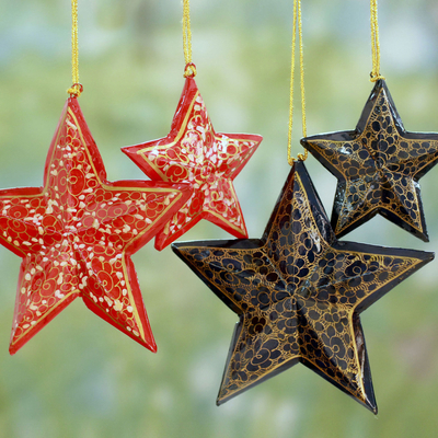 Wood Christmas ornaments, 'Midnight Carols' (set of 4) - Artisan Crafted Wooden Star Christmas Ornaments (Set of 4)