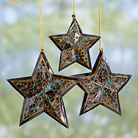 Wood Christmas ornaments, 'Midnight Blue Charm' (set of 3) - Midnight Blue Star Ornaments Painted by Hand (Set of 3)