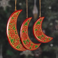 Wood Christmas ornaments, 'Dreamy Moons' (set of 3) - Red Crescent Moon Hand Painted Holiday Ornaments (set of 3)