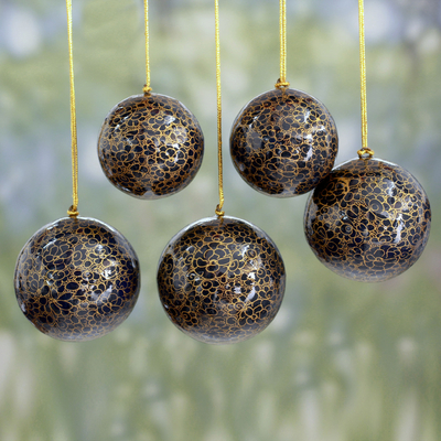 Papier mache ornaments, 'Midnight Cheer' (set of 5) - Dark Blue and Gold Papier Mache Holiday Ornaments (Set of 5)