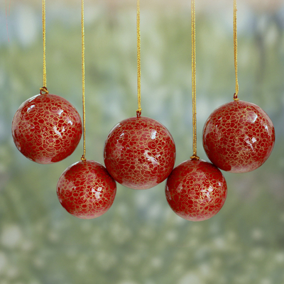 Papier mache ornaments, 'Christmas Cheer' (set of 5) - Handmade Floral Christmas Ornaments in Red and Gold