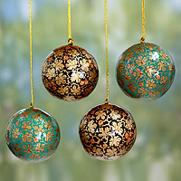 Papier mache ornaments, 'Chinar Cheer' (set of 4) - Green and Black Leaf Pattern Christmas Ornaments (set of 4)