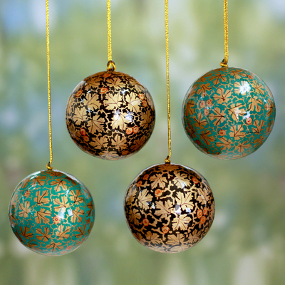 Papier mache ornaments, 'Chinar Cheer' (set of 4) - Green and Black Leaf Pattern Holiday Ornaments (set of 4)