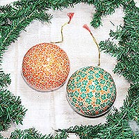 Large papier mache ornaments, 'Festive Chinar' (pair) - Artisan Hand-Painted Papier Mache Ornaments (pair)