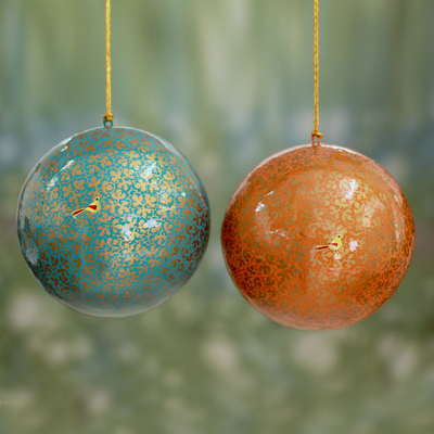 Large papier mache ornaments, 'Golden Holiday' (pair) - Unique Handmade Holiday Ornaments with Bird Motif (pair)