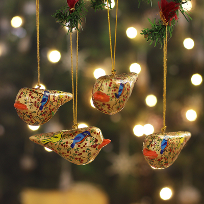 Papier mache ornaments, 'Peace and Joy' (set of 4) - Handcrafted Golden Papier Mache Bird Ornaments (set of 4)