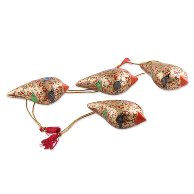 Papier mache ornaments, 'Peace and Joy' (set of 4) - Handcrafted Golden Papier Mache Bird Ornaments (set of 4)