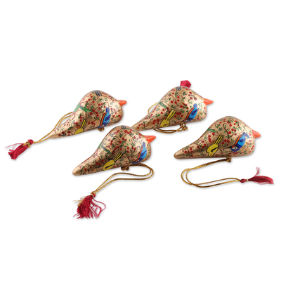 Pappmaché-Ornamente, (4er-Set) - Handgefertigte goldene Vogelornamente aus Pappmaché (4er-Set)