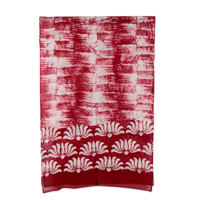 Cotton and silk blend batik scarf, 'Dancing Lotus' - Tie-Dyed Red Batik Scarf Handcrafted from Cotton Silk Blend