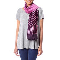 Cotton and silk blend batik scarf, 'Polka Dot Fever' - Dark Brown and Mauve Polka Dot Batik Scarf from India