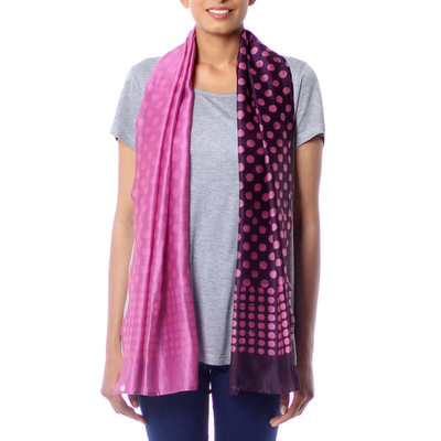 Cotton and silk blend batik scarf, 'Polka Dot Fever' - Dark Brown and Mauve Polka Dot Batik Scarf from India