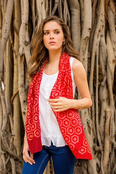 Cotton and silk blend batik scarf, 'Geometric Appeal' - Artisan Crafted Red Batik Scarf with Hexagonal Pattern