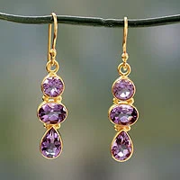 Amethyst and gold vermeil dangle earrings, 'Lilac Triad'