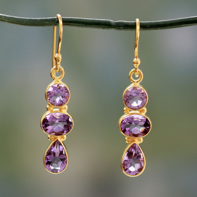 Amethyst and gold vermeil dangle earrings, 'Lilac Triad' - 22k Gold Vermeil Dangle Earrings with Three Amethysts