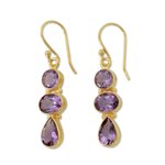 Amethyst and gold vermeil dangle earrings, 'Lilac Triad' - 22k Gold Vermeil Dangle Earrings with Three Amethysts
