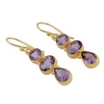 Amethyst and gold vermeil dangle earrings, 'Lilac Triad' - 22k Gold Vermeil Dangle Earrings with Three Amethysts
