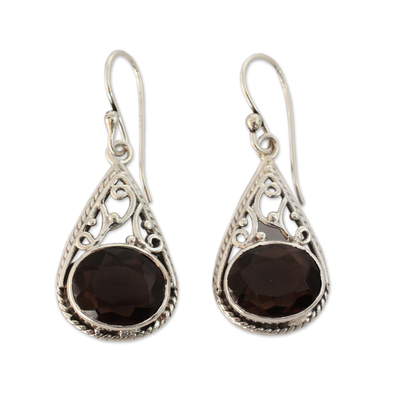 Smoky quartz dangle earrings, 'Misty Romance' - Dangle Style Earrings with Smoky Quartz and 925 Silver
