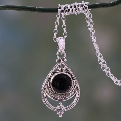 Onyx pendant necklace, 'Black Magic' - Pendant Necklace with Sterling Silver and Onyx Cabochon
