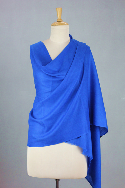Chal de lana - Mantón de lana azul real tejido a mano hecho en India