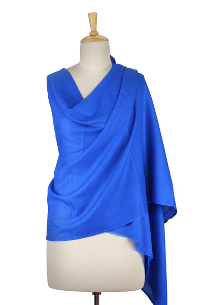 Wool shawl, 'Kashmiri Diamonds in Blue' - Royal Blue Hand Loomed All Wool Shawl Made in India