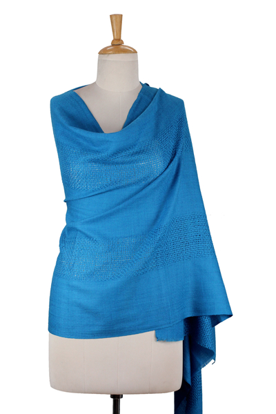 Traditionally Hand Loomed Azure Blue Wool Shawl - Azure Allure | NOVICA