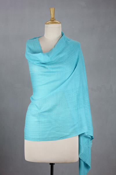 Wool shawl, 'Turquoise Allure' - Indian Fair Trade Woven Wool Shawl in Turquoise Blue