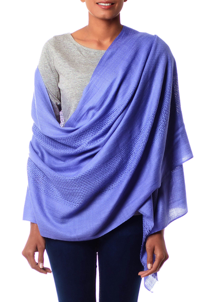 Wool shawl, 'Periwinkle Allure' - Hand Loomed 100% Wool Periwinkle Blue Wrap for Women