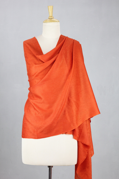 Wollschal - Handgefertigter, orangefarbener Schal aus Jacquard-Wolle mit Paisley-Muster