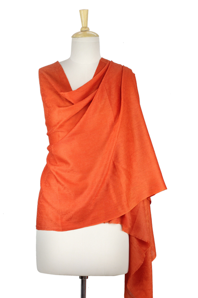 Wool shawl, 'Sunset Glamour' - Artisan Crafted Orange Paisley Jacquard Wool Wrap