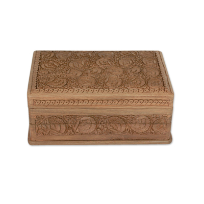 Walnut wood Jewellery box, 'Kashmir Grandeur' - Hand-carved Flowers on Walnut Wood Jewellery Box